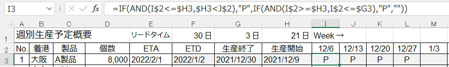 Excel、週別生産予定概要のＰ表示式の画像